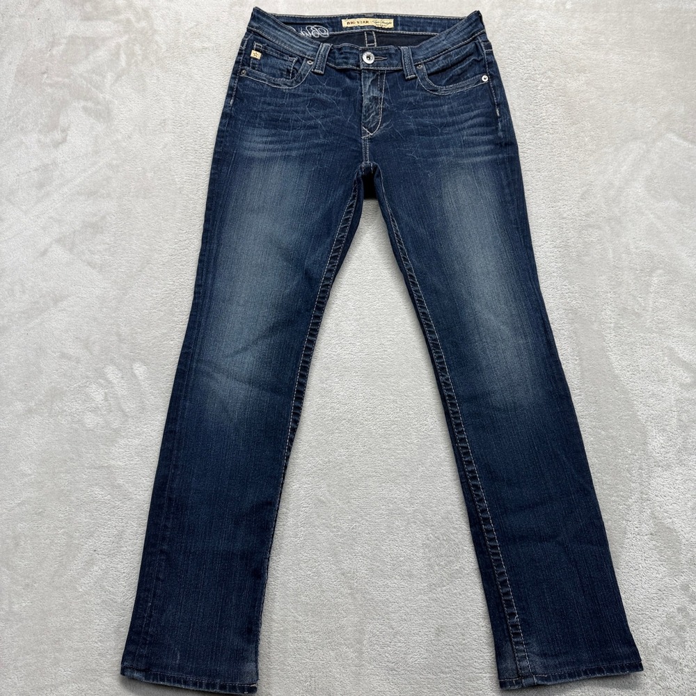 Big Star Jeans Women's 27 Kayla Straight Mid Rise Dark Embroidered Stretch Denim